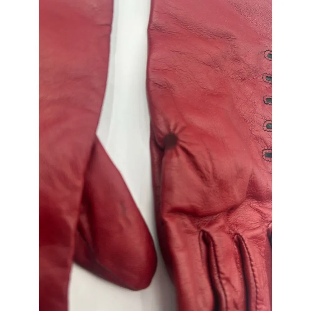 Vintage Steampunk Red Leather Cashemer Button Cuff Gauntlet Gloves Size L